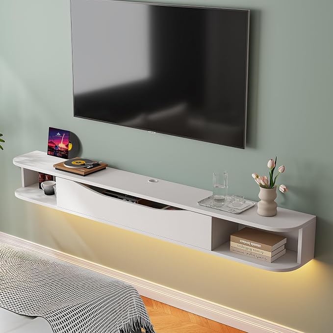 FurniNova 94'' Floating TV Stand, Modern Plywood Wall Mounted Media Console for 100 inch TV,Floating Entertainment Center with Storage,Round Edge TV Shelf for Living Room & Bedroom,White by Furninova