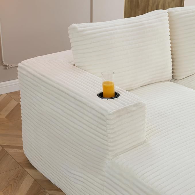 132-Inch U-Shaped Cloud Sectional Couch, Symmetrical Modular Compressed Boneless Sectional Sofa with Chaise Lounges, Plush Corduroy Boneless Corner Sofa W/Cupholders