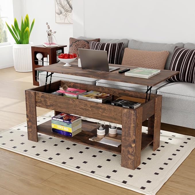 PayLessHere Coffee Table Lift Top Coffee Tables with Hidden Compartment and Storage Shelf Wooden Lift Tabletop Dining Table for Living Room Home (Brown, 47" D x 31" W x 25" H)