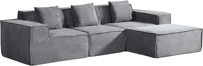 Rowan Convertible Corduroy Sectional Couch with Ottoman & Pillows, Modular L Shaped Sleeper Sofa, Boneless Cloud Couch for Living Room Furniture, Dark Grey