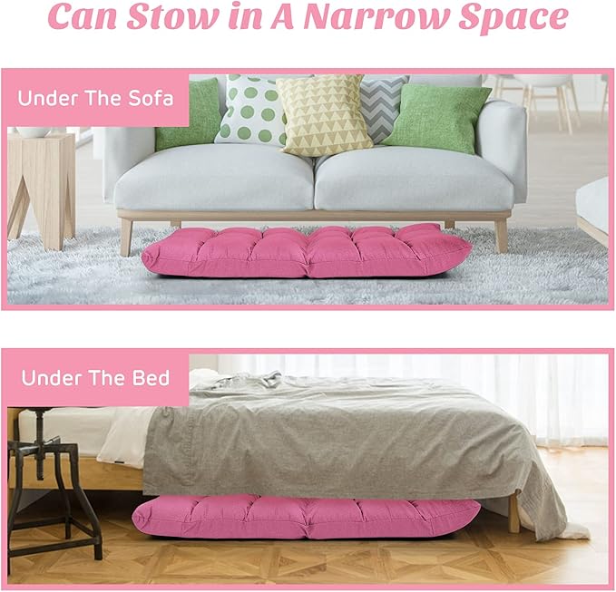 Giantex Adjustable Floor Gaming Sofa Chair 14-Position Cushioned Folding Lazy Recliner High Resilience Sponge, Breathable Cotton & Linen Fabric Sleeper Bed Couch Recliner with Removable Cover (Pink)