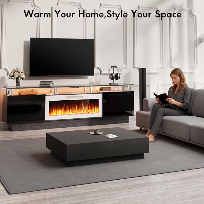 TAVATA 80" Fireplace TV Stand Up to 90" TVs, High Gloss Modern Entertainment Center with Storage, Wood Media Console Cabinet with 36" Fireplace & Open Shelf for Living Room, Black+White - Image 7