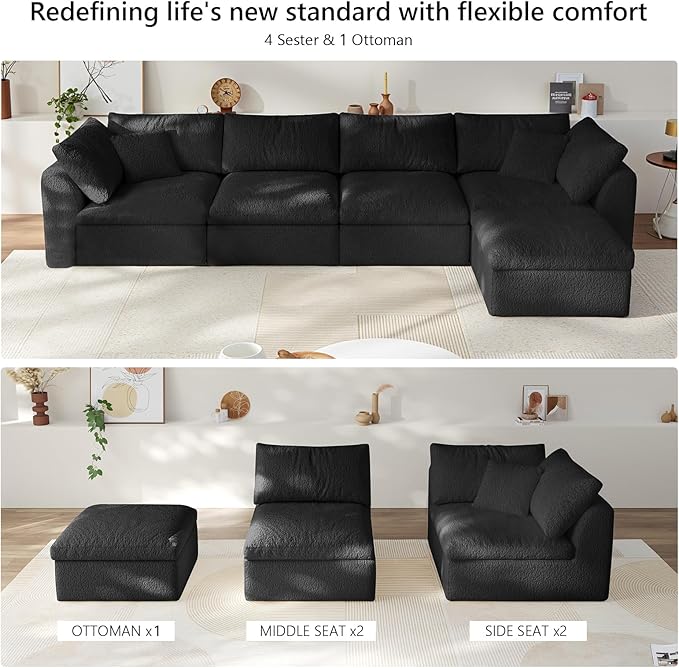 138" Modular Sectional Sofa Boneless Cloud Couch for Living Room, L Shape Deep Seat Recliner Sofa with Ottoman, Adjustable Backrest & 2 Throw Pillows - Covers Washable, (Black, 4 Seater+1 Ottoman)
