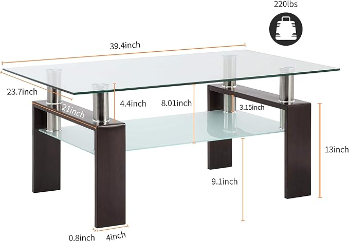 Tempered Glass Coffee Table for Living Room Furniture with 2 Tiers Size 1000X600MM (Walnut Black)