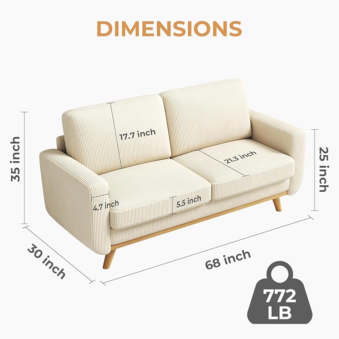 68" Beige Corduroy Loveseat Sofa, Comfy Deep Seat Couch with Spring Cushion & Solid Wood Frame, Modern 2-Seater Sofa for Living Room Bedroom Office