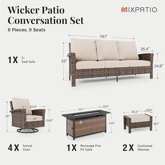 8-Piece Wicker Patio Furniture Set with Swivel Chairs, High Back Outdoor Furniture with Fire 57'' Pit Table and Ottoman, All-Weather Wicker Patio Conversation Set for Deck Yard Pool, Beige