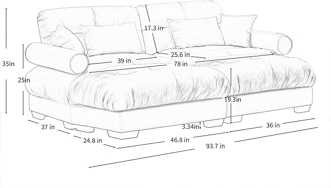 KEIKI 94" Oversized Velvet Modular Sectional Loveseat Sofa with 2 Ottoman, High-Density Foam Cushions and Bolstered Armrests, Upholstered 2-Seater Cloud Couch with 4 Pillow, for Living Room, Blue