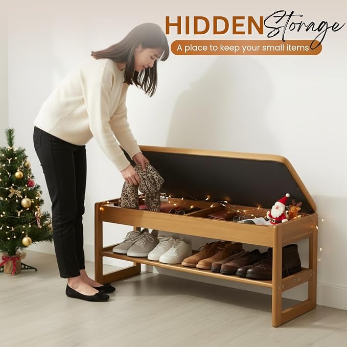 39.4" Large Size Acacia Wood Entryway Shoe Rack Bench with Cushion, 2-Tier Flip-Top Hidden Storage for Hallway, Living Room (Color Peru) - Image 5