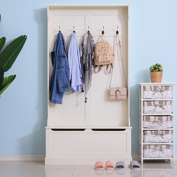 HOMCOM Hall Tree with Bench and Shoe Storage, 3-in-1 Entryway Bench with Coat Rack, 5 Hooks and Flip Top Storage Compartment, Cream White - Image 3