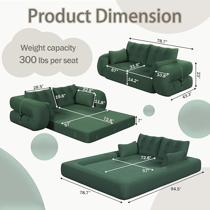 78.7" Convertible Sofa Bed, 3-in-1 Folding Floor Couch with 4 Pillows, Sleeper Sofa for Living Room and Guest Bed, No Assembly Required (Green, Teddy Fabric)