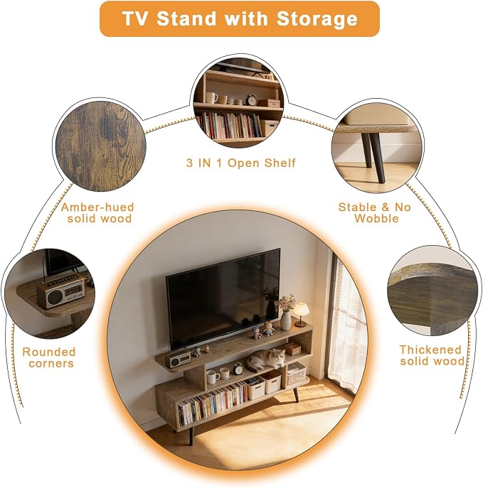 Lightdot TV Stand for Living Room, 45 inch tv Stand Mid Century Modern Entertainment Center for 55/60 inch TVs, TV Console Table with Open Storage Shelves, TV Stand for Bedroom, Dresser, Living Room - Image 6