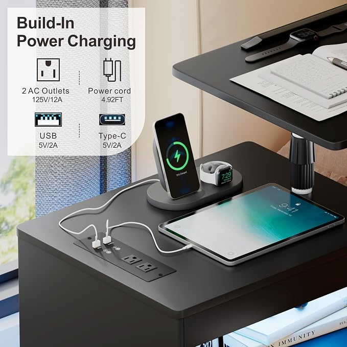 Lareth Height Adjustable Nightstand with Charging Station, LED Bedside Table 2 Drawers, Smart Wooden End Table Dorm Rolling Side Table Laptop Workstaion with Wheels for Bedroom, Black - Image 5