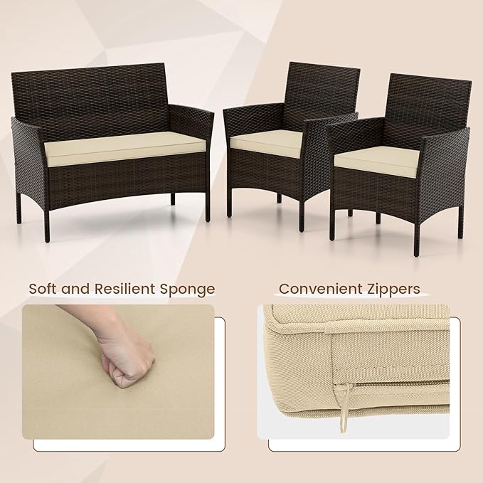 DORTALA Wicker Patio Furniture Set 4 Piece, Outdoor PE Rattan Table & Chairs Set with Tempered Glass Coffee Table, Loveseat, Cushions, Conversation Set for Balcony, Porch, Backyard, Deck, Beige