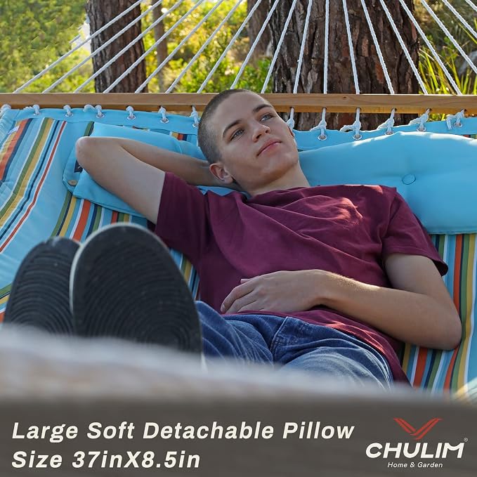 CHULIM 12 FT Double Quilted Fabric Hammock with Spreader Bars and Pillow 450 LBS Weight Capacity 2 Person Hammock for Outdoor Patio Backyard Poolside Blue Stripes - Image 4