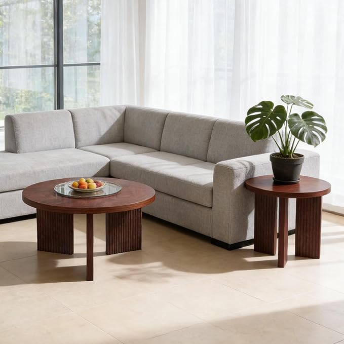 Nesting Coffee Table Set of 2, Modern Wooden Coffee Table with Smooth Thick Design, Circle Tea Table and End Table Set, Accent Center Tables for Living Room, Office, Burgundy