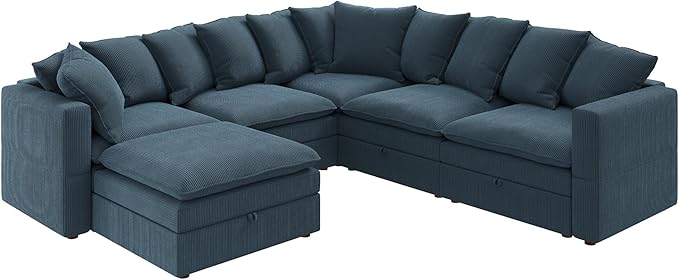 HONBAY Modular Sectional Sofa, 6 Seat U Shaped Corduroy Couch with Storage & Pillows, Convertible Sectional Couches for Living Room, Blue