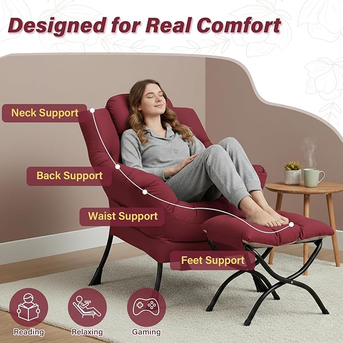 Lazy Chair and Ottoman, Large Burgundy Accent Chair with a Side Pocket, Modern Leisure Upholstered Reading Armchair with Footrest for Office, Bedroom, Living Room, Dorm Rooms, Balcony