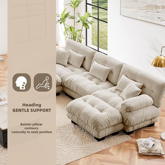 133.8" U-Shaped Cloud Couch, Oversized Modular Sectional Sofa, Deep Seat Cloud Boneless Couch, 3-Seat Modular Sectional Sofa with 2 Ottoman or Living Room,Bedroom and Apartment, Light Coffee
