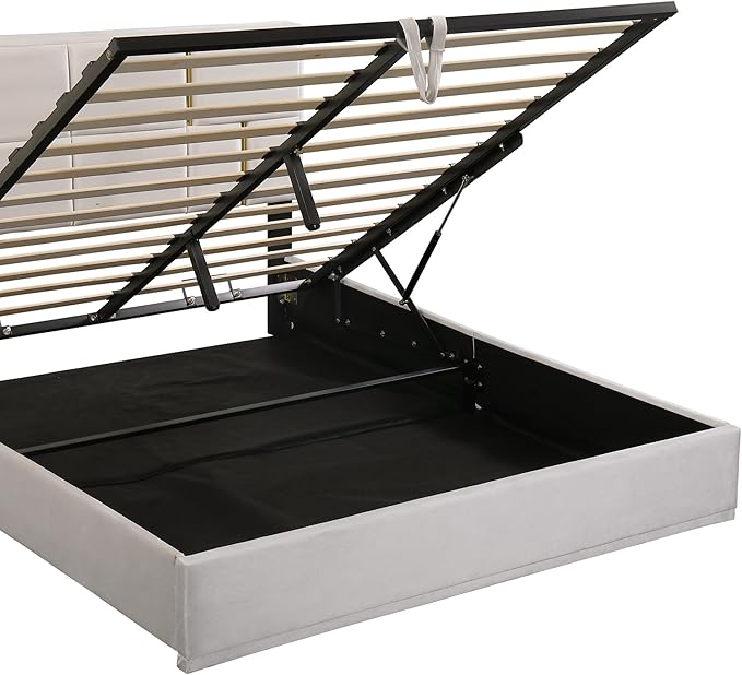 Queen Size Lift Up Storage Bed, PU Leather Upholstered Platform Bed with Hydraulic Storage System and Wooden Slats Support, No Box Spring Needed - Beige