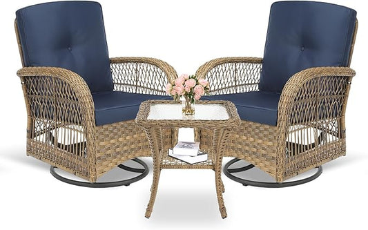 MEETWARM 3 Pieces Outdoor Wicker Swivel Rocker Patio Set, Rocking Chairs Rattan Patio Furniture Sets with Thickened Cushion and Glass-Top Coffee Table, Conversation Bistro Set for Porch (Navy Blue)