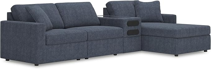 Signature Design by Ashley Modmax Contemporary Stain Resistant Right-Arm Facing 4-Piece Sectional with Chaise, Audio Console, Armrest, Throw Pillows, Storage, Reversible Cushions and USB Port, Blue