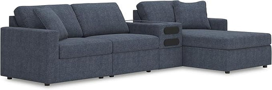 Signature Design by Ashley Modmax Contemporary Stain Resistant Right-Arm Facing 4-Piece Sectional with Chaise, Audio Console, Armrest, Throw Pillows, Storage, Reversible Cushions and USB Port, Blue