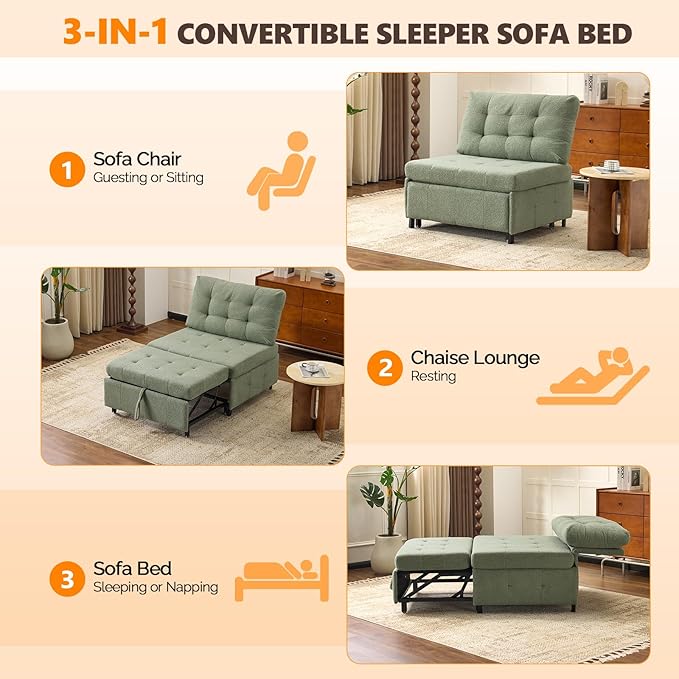 VINGLI Convertible Sofa Bed Tufted Teddy Fleece Sleeper Chair Bed Couch Armless Living Room Chairs with Adjustable Backrest Pull Out Couch Bed for Small Spaces | Armless Sofa Bed