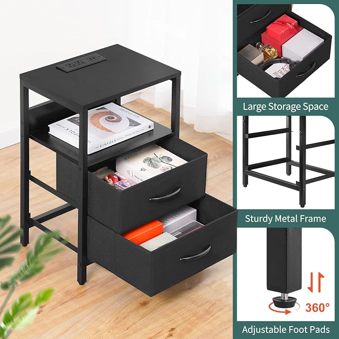 Yoobure Nightstand with Charging Station, LED Night Stand with Fabric Drawers and Storage Shelf for Bedroom, Nightstands Bedside Tables with USB Ports & Outlets, Small Night Stands, Bed Side Table - Image 8