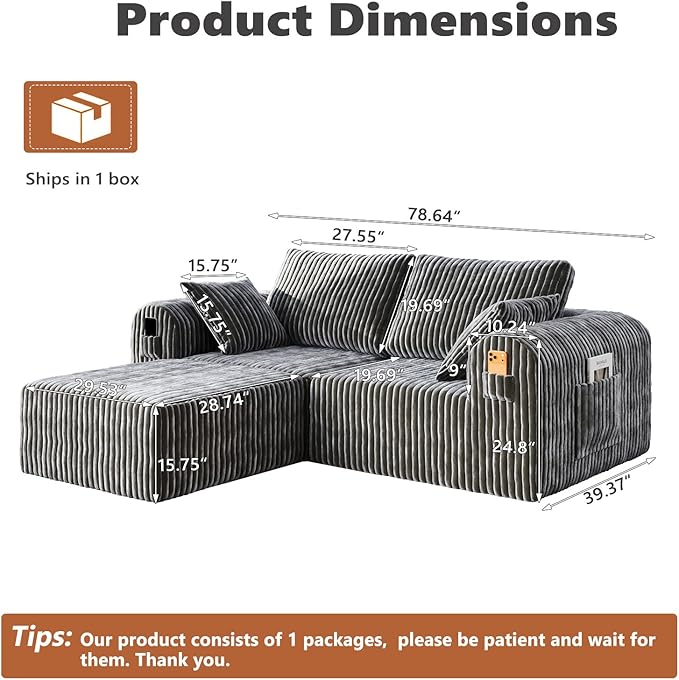 106" Boneless Couches for Living Room, Modular Sectional Sofa, L-Shape Sofa Couches,Cloud Couch Sectional, Comfy Corduroy Sofa, with Deep Seat, No Assembly Required (Gray, 2 Seater + 1 Ottoman)