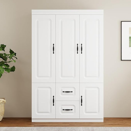 Armoire Wardrobe Closet with 2 Doors, White Cabinet with 2 Drawers and Clothes Storage Organizer, Modern Style with Hanging Rod Shleves Suitable for Bedroom(47.24" W x 20.47" D x 70.87" H)