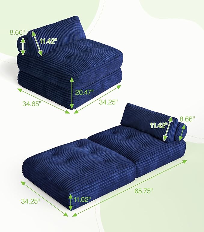 Plush Corduroy Folding Sofa Bed, Free Setup Floor Beds, 34" Boneless Couch for Small Spaces, Corner Chair, Convertible Sleeper Chair, Corner Couch, Foldable Sleeper Sofa Beds, Blue