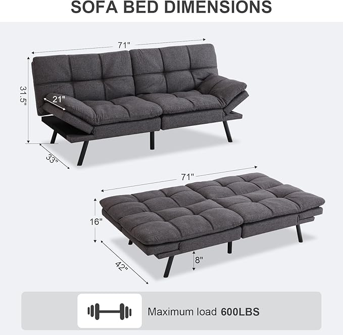 Vipbear Futon Sofa Bed Couch, 71" Convertible Sofa Bed, Space-Saving Loveseat with Adjustable Backrest & Armrest for Living Room,Apartment,Office, Grey Sleeper Sofa