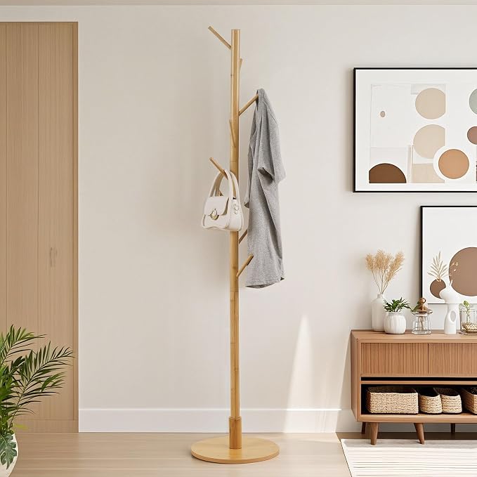 VECELO Coat Rack Freestanding, Entryway Hanger Stand, Umbrella Holder, Hall Tree With Hooks, Floor Standing Metal Tree Stand,Light Wood - Image 3