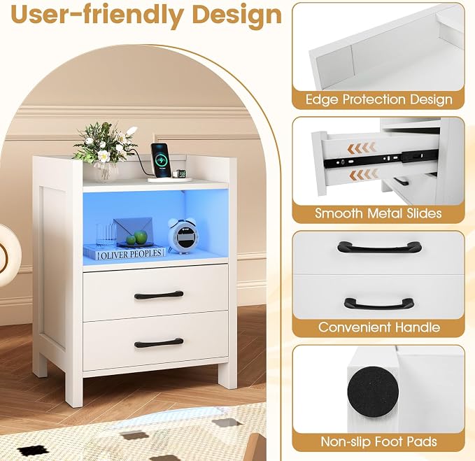 KOMFOTT Nightstand with LED Lights & Charging Station, 23.5” Smart Bedside Table with 2 Drawers & Open Storage Shelf, USB Port & Outlets, Modern End Side Table for Bedroom, White - Image 7