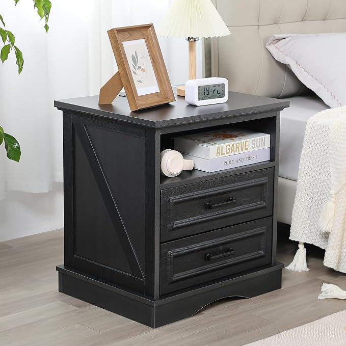 Farmhouse Nightstand with Charging Station, Wood Night Stands with 2 Drawers, 22" Wide End Table with Storage, Black Bedside Cabinet for Bedroom by HtThalamic