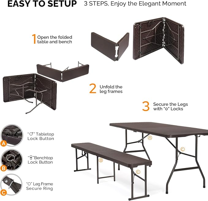 VINGLI Picnic Table Set with 2 Benches, 6 Feet Camping Table Chair Set, 3-Piece Folding Furniture for Indoor or Outdoor Use, Rattan Patterned Tabletop, Brown - Image 5