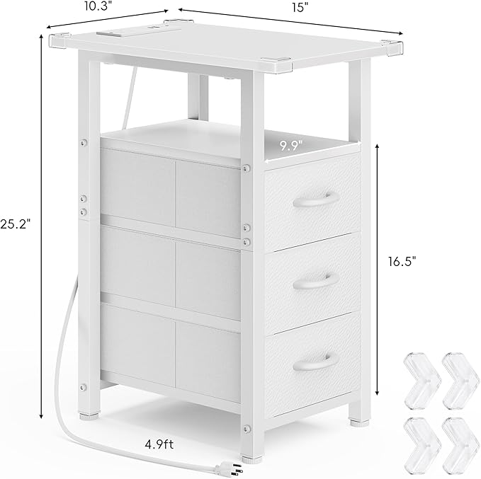 Vagusicc Set of 2 White Night Stand with Charging Station, Narrow Nightstand with U-S-B Ports and Outlets, Small Night Stand 3 Fabric Storage Drawers, Small Bedside Table - Image 3