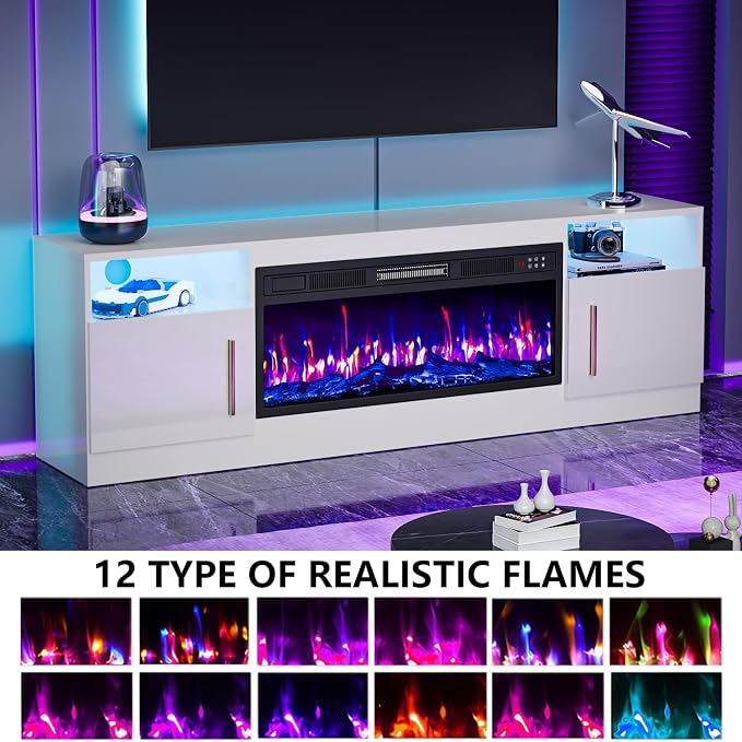 PRETZI Fireplace TV Stand with 36" Fireplace Up to 80" TVs, 70" Entertainment Center with LED Lights, Remote Control, TV Media Console with Storage Cabinets for Living Room, White - Image 3