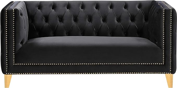 Meridian Furniture 652Black-L Michelle Collection Modern | Contemporary Loveseat with Deep Button Tufting, Gold Nailhead Trim and Sturdy Gold Iron Legs, Black Velvet, 66" W x 34" D x 30" H