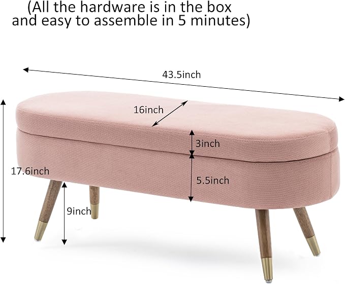 IAFIKE Oval Storage Bench 43.5" Ottoman Bench Upholstered Boucle Fabric Footrest Bench with Golden Metal Legs End of Bed for Bedroom, Living Room, Entryway,Bed Side (Pink) - Image 2