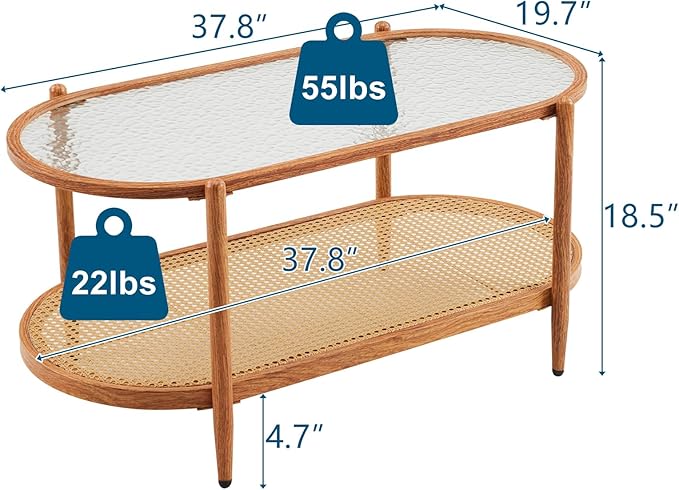 VINGLI 38" Rattan Oval Coffee Table, Water-Wave Glass Metal Center Table, Modern Coffees Table with 2-Tier Storage, Farmhouse Coffe Table for Living Room and Small Space, Natural Vibe