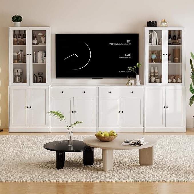 TUSY 71" TV Stand Storage Set - 2 Tall Bookcases & 2 Side Cabinets, Media Console with Glass & Wood Doors, Entertainment Center with Drawers, Tall Media Console for Living Room (White, AEEA) - Image 3