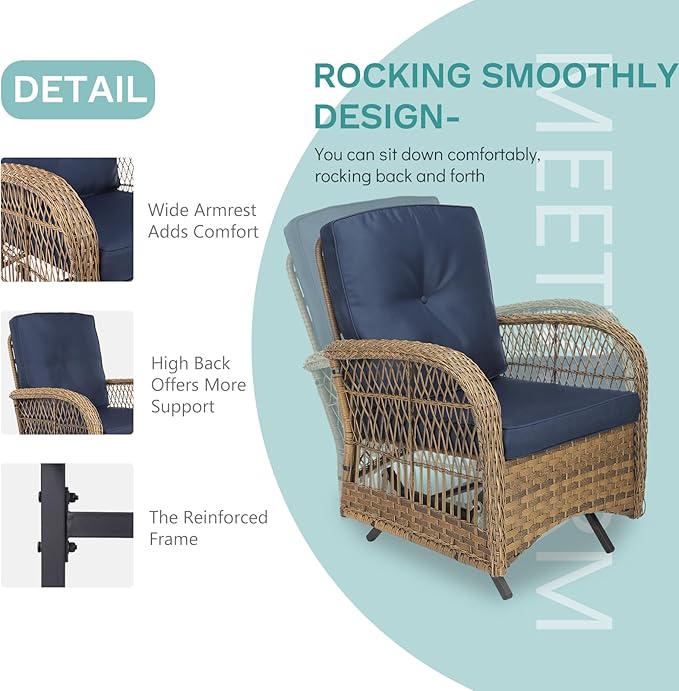 MEETWARM 4 Pieces Outdoor Wicker Patio Conversation Sets with Glider Loveseat, 2 Chairs with Glass-Top Coffee Table Wicker Rocking Glider Set, Wicker Conversation Set w/Thickened Cushions, Navy Blue
