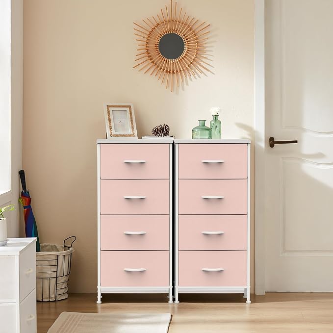 DUMOS Nightstand with 4 Drawers Bedside Table with Removable Fabric Bins Sturdy Steel Frame Wood Top Organizer Furniture for Bedroom Closet Living Room,Pink - Image 8