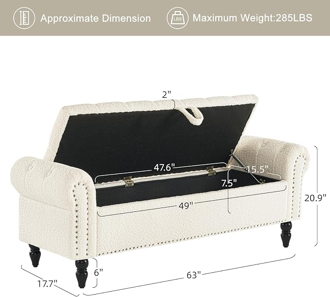 Furniliving 63” End of Bed Bench, Bedroom Bench with Button-Tufted, Large Upholstered Storage Ottoman Benches Entryway Bench with Storage Shoe Cabinet Bench, for Bedroom, Living Room, Faux Fur, White - Image 3