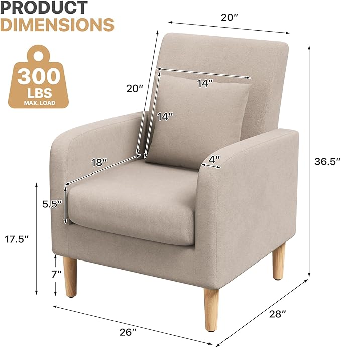 Magshion Mid-Century Accent Chair for Bedroom, Comfy Reading Chair for Living Room, Upholstered Linen Fabric Armchair Single Sofa with Back Pillow & Wood Legs, 300 lbs Capacity, Beige
