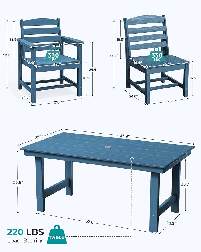 SERWALL Patio Dining Sets for 6 Person, HDPE Dining Set with 6 Armless Chairs, Blue - Image 3