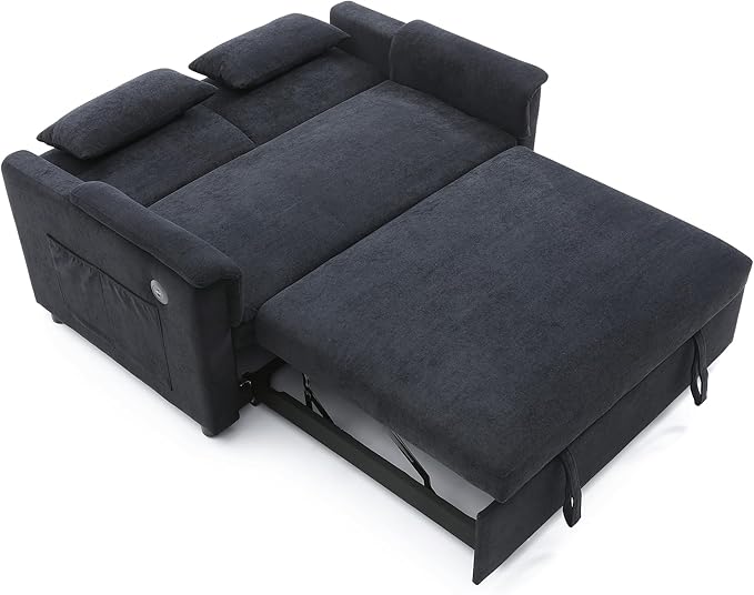 Convertible Loveseat Pull Out Sleeper Sofabed Futon Loveseat Lounge Couch for Living Room 3 in 1 Multi-Functional Pullout Sofa Bed with Reclining Backrest , USB Ports and Side Pockets for Home Office