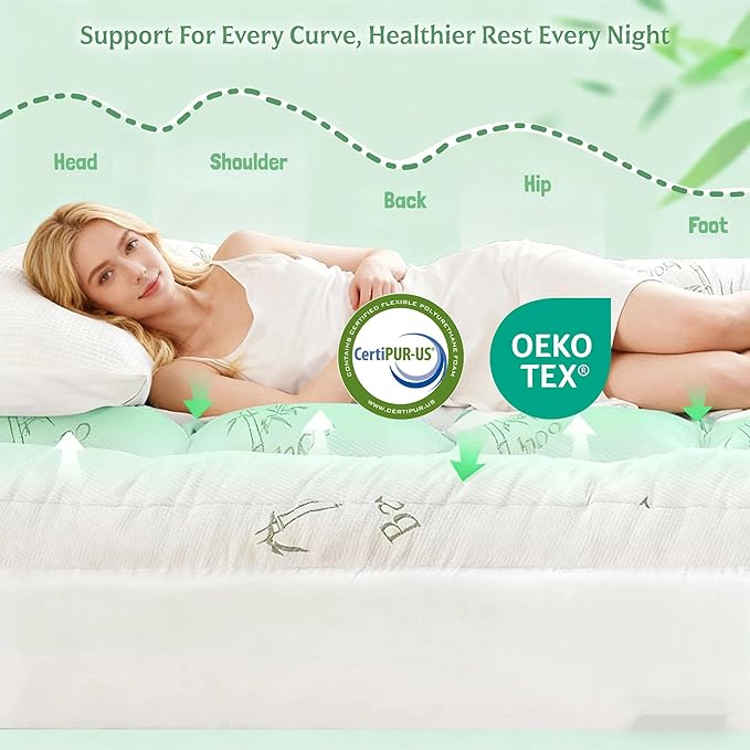 Bamboo Mattress Topper Twin Size with Deep Pocket 1700 GSM Cooling Shredded Memory Foam Mattress Pad Rayon Derived from Bamboo, Ideal for Side Sleepers, Back Pain, Hot Sleepers