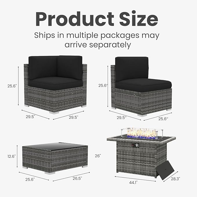 10 Pieces Patio Furniture Set with 44" Propane Gas Fire Pit Table, Outdoor Sectional Wicker Conversation Sofa Sets with Coffee Table